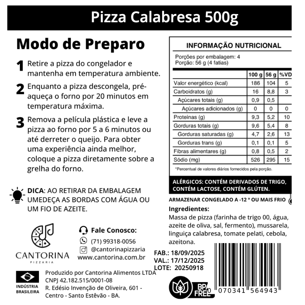 Pizza Calabresa Cantorina — Clássica de Longa Fermentação (30 cm, 500 g)