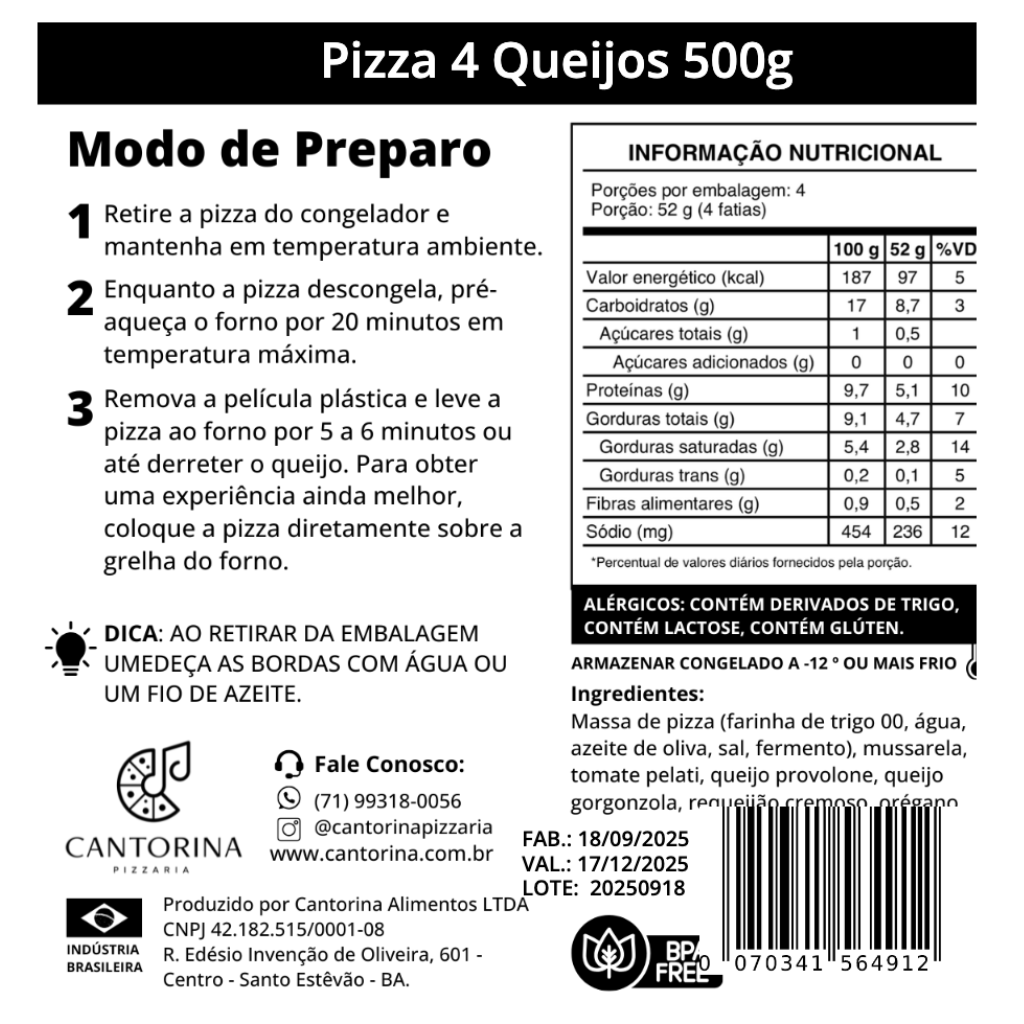 Pizza Quatro Queijos Cantorina — Clássica de Longa Fermentação (30 cm, 500 g)